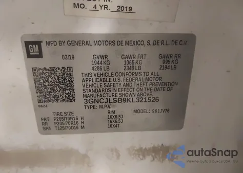 2019 Chevrolet Trax Lt z USA, uszkodzony, nr VIN 3GNCJLSB9KL321526